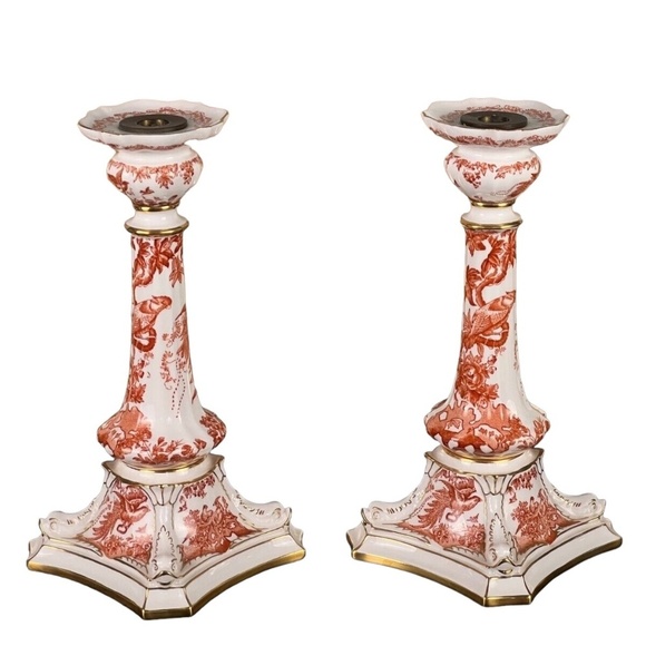 Royal Crown Derby Porcelain Red Aves Candlestick Pair